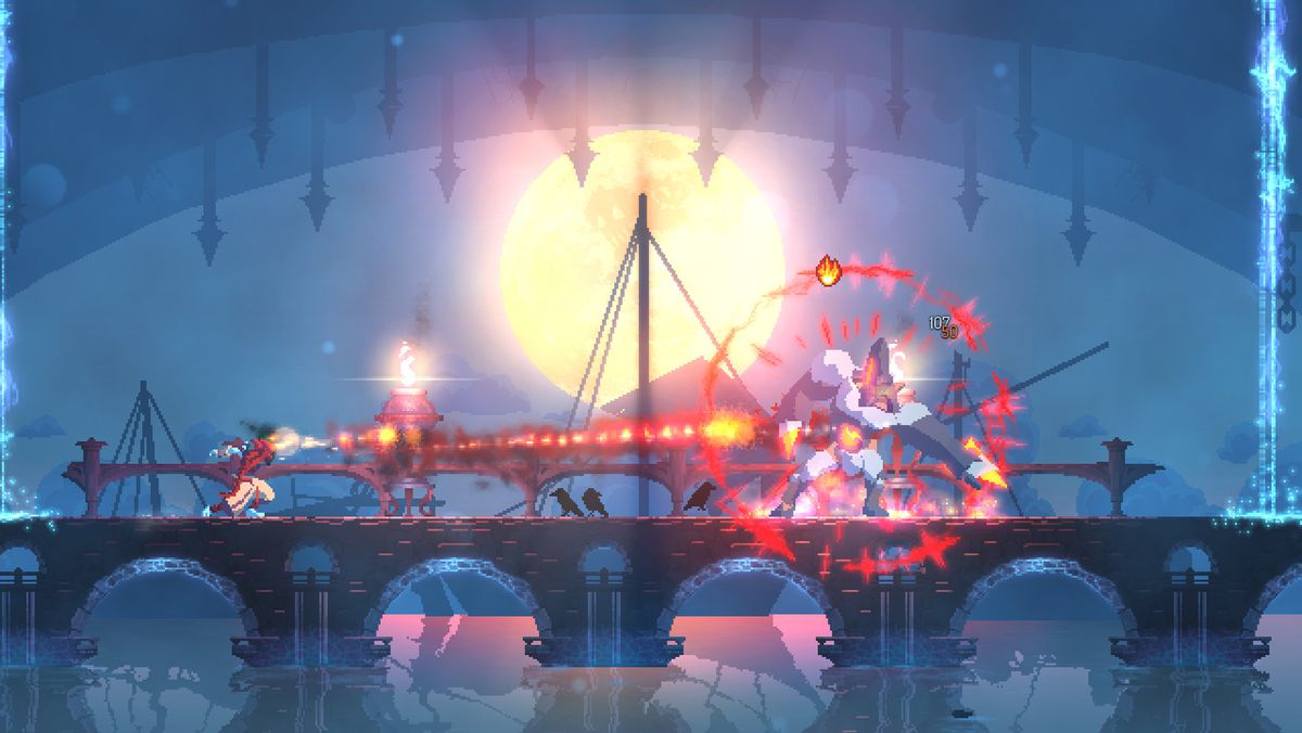 Le prisonnier lance une attaque à distance sur un ennemi blindé dans Dead Cells.