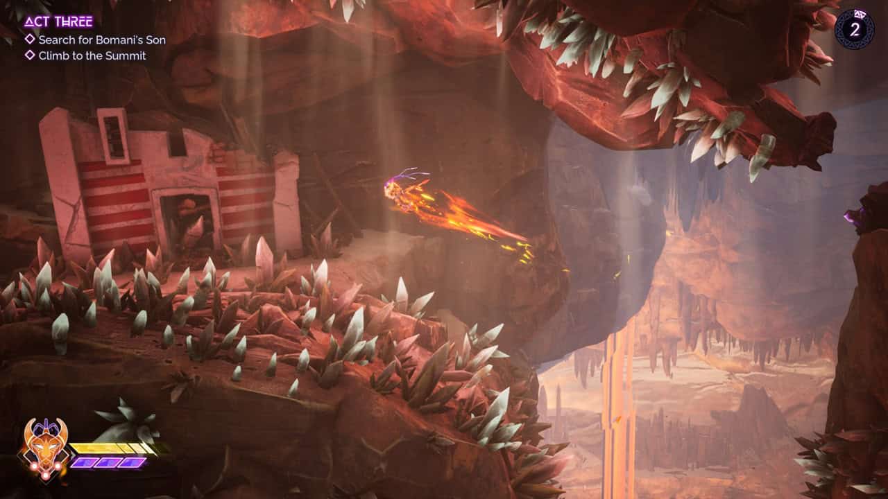 Revue de Tales of Kenzera Zau : Un joueur traverse des dangers en flottant dans le jeu.  Image capturée par VideoGamer.