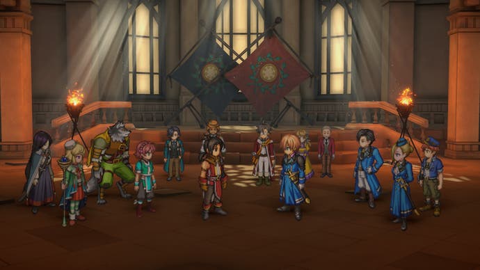 Nowa et Seign se regardent dans une grande salle dans une capture d'écran de Eiyuden Chronicle : Hundred Heroes.