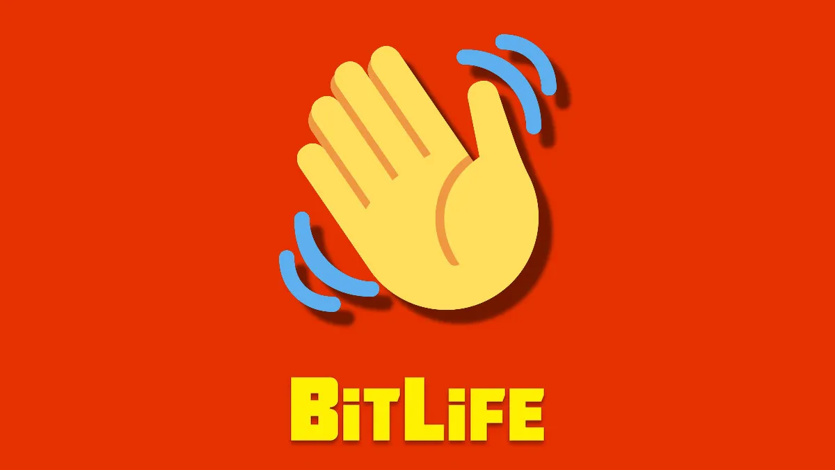 A waving hand emoji on an orange background with the BitLife logo beneath it.