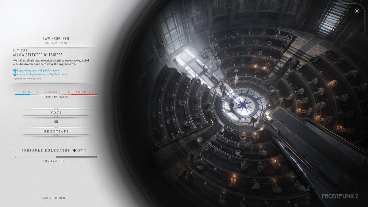 Décider d'une proposition de loi dans un menu Frostpunk 2.  Il représente une grande salle du gouvernement.