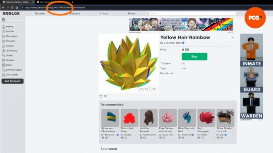 Le site Web Roblox avec l'accessoire pour cheveux blonds pointus, avec l'ID de l'article Roblox entouré en orange.  Ces numéros sont les codes Berry Avenue et cela fonctionne pour chaque ID d’article Roblox.