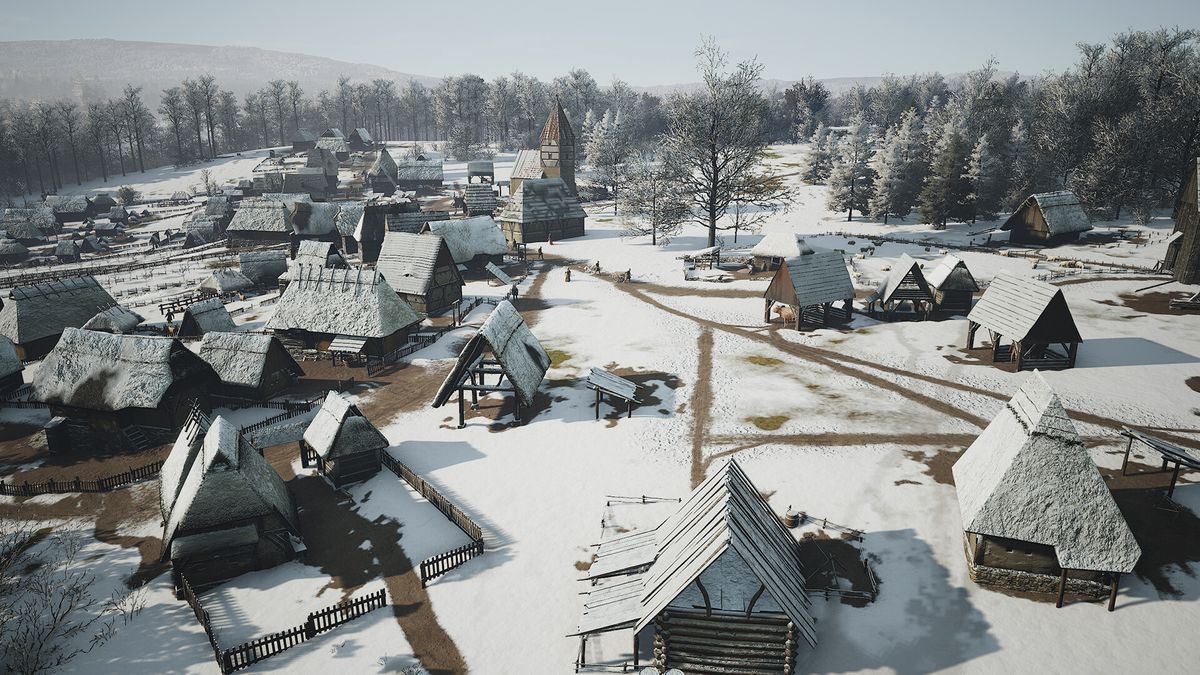 Un village enneigé de cabanes simples avec une église dans Manor Lords