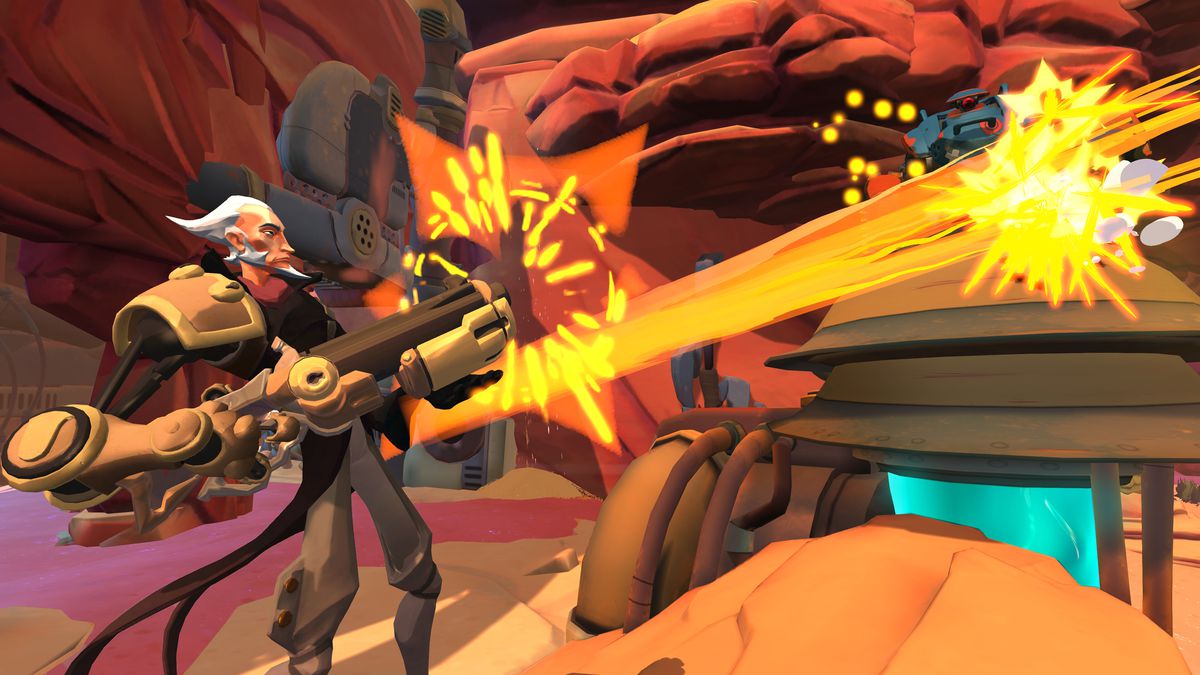 Un vieil homme tirant avec une arme brillante dans Gigantic : Rampage Edition.