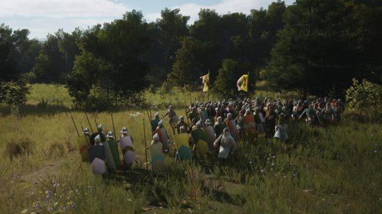 Revue de l'accès anticipé de Manor Lords : un petit groupe de soldats portant une armure et portant des lances et des boucliers de base.