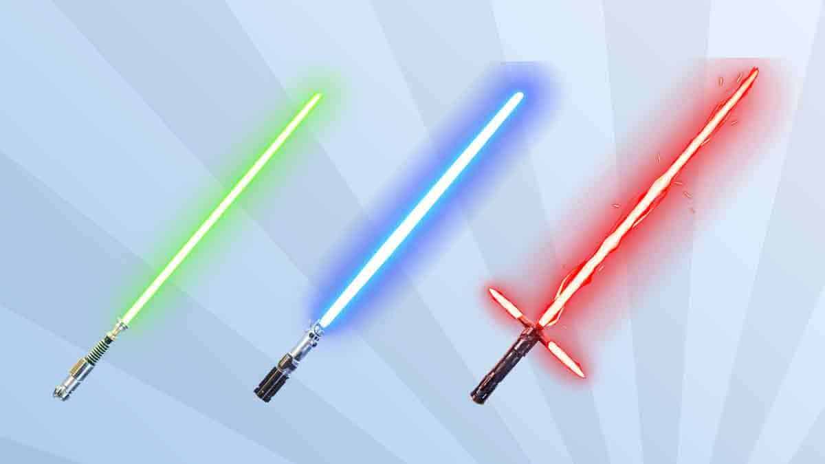 Meilleures armes de mêlée de Fortnite : Un sabre laser vert, bleu et Kylo Ren sur fond de rayons bleus.