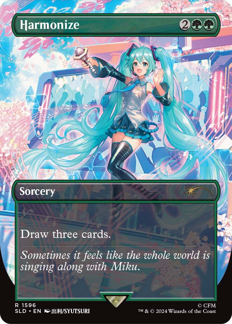 Une image montrant une carte de Hatsune Miku se produisant sur scène dans la carte Secret Lair x Hatsune Miku Magic the Gathering. 