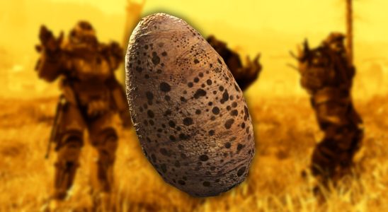 A combined image of Fallout 76's power armor character models and deathclaw eggs
