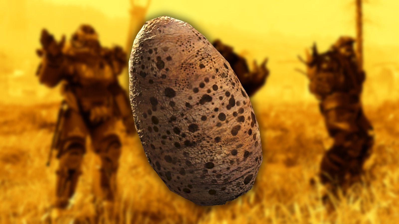 A combined image of Fallout 76's power armor character models and deathclaw eggs