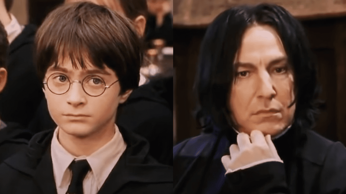 Daniel Radcliffe as Harry Potter and Alan Rickman as Snape in Harry Potter and the Sorcerer’s Stone