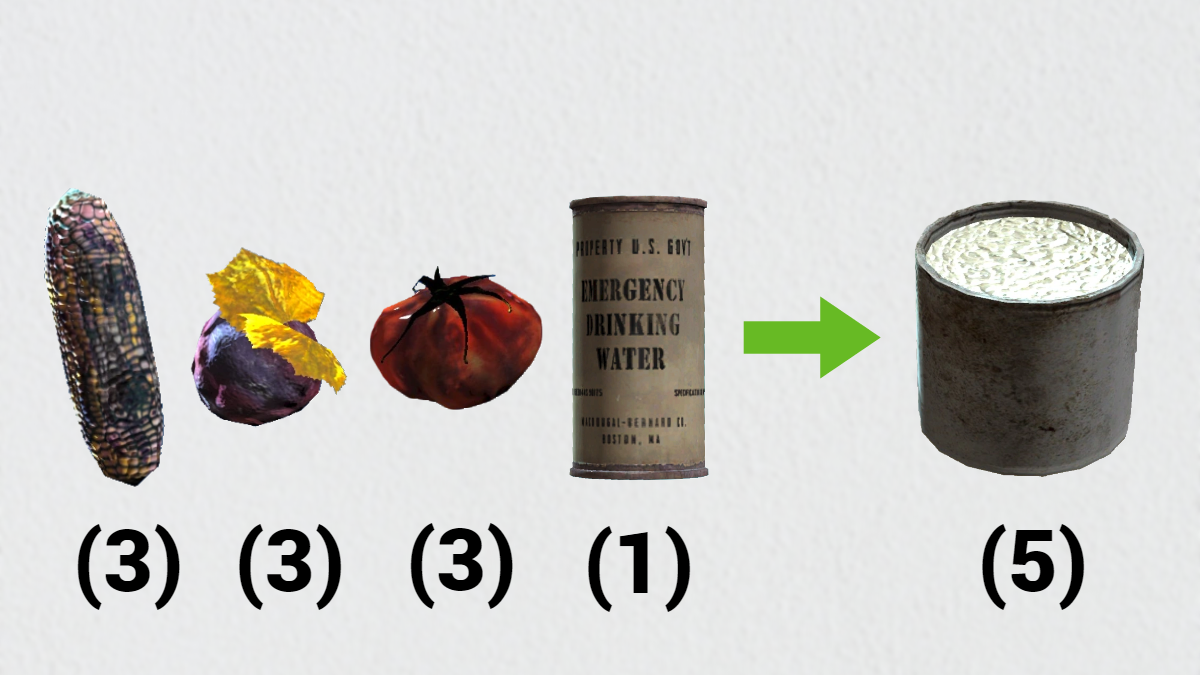 Image of the ingredients required to make Vegetable Starch, an essential component of Adhesive in Fallout 4. The items include corn, mutfruit, tomato, and purified water.