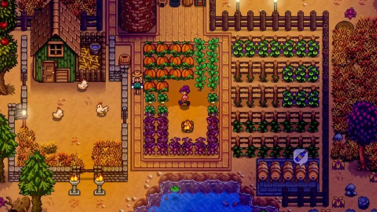 Stardew farmer running across fall farm