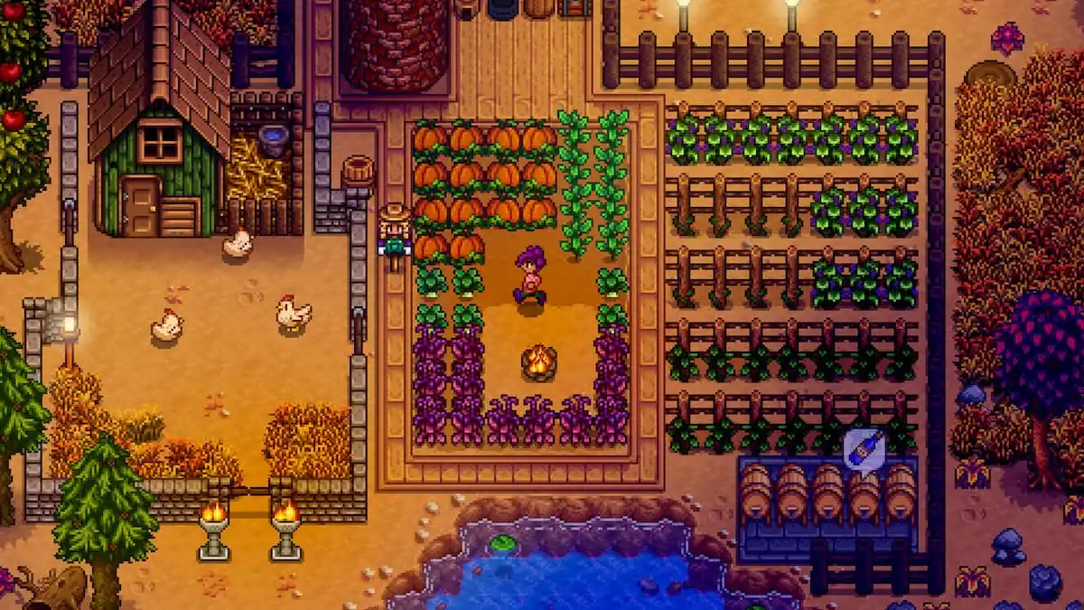 Stardew farmer running across fall farm