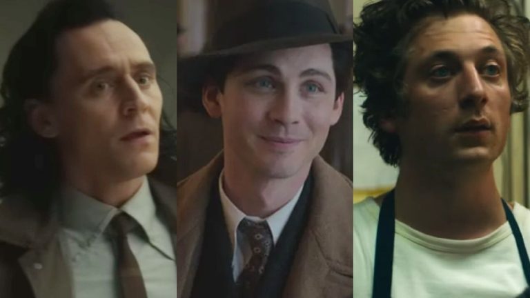 From left to right: Tom Hiddleston in Loki, Logan Lerman in We Were The Lucky Ones and Jeremy Allen White in The Bear.