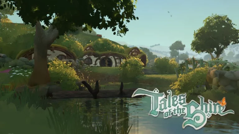 Screenshot from Tales of the Shire, showing a hobbit house nestled near a lake and the game logo