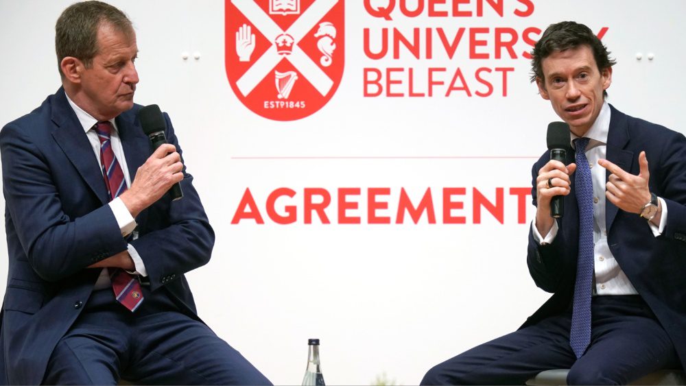 BELFAST, NORTHERN IRELAND - APRIL 18: Alastair Campbell (left) and Rory Stewart attend the three-day international conference at Queen's University Belfast to mark the 25th anniversary of the Belfast/Good Friday Agreement on April 18, 2023 in Belfast, Northern Ireland.