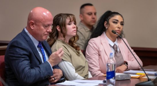 Hannah Gutierrez Reed, ceneter, with her attorney Jason Bowles and paralegal Carmella Sisneros during her sentencing hearing  in First District Court, in Santa Fe, New Mexico, Monday April 15, 2024. Armorer on the set of the Western film “Rust,”Gutierrez Reed was convicted by a jury of involuntary manslaughter in the death of cinematographer Halyna Hutchins who was fatally shot by Alec Baldwin in 2021.