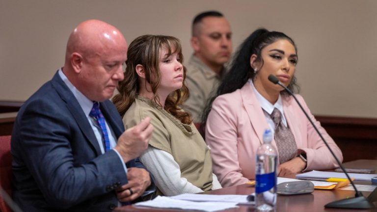 Hannah Gutierrez Reed, ceneter, with her attorney Jason Bowles and paralegal Carmella Sisneros during her sentencing hearing  in First District Court, in Santa Fe, New Mexico, Monday April 15, 2024. Armorer on the set of the Western film “Rust,”Gutierrez Reed was convicted by a jury of involuntary manslaughter in the death of cinematographer Halyna Hutchins who was fatally shot by Alec Baldwin in 2021.