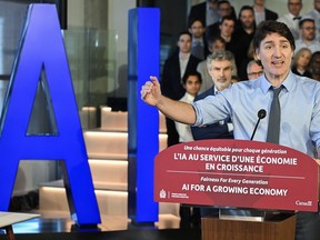 Le premier ministre Justin Trudeau prend la parole lors d'une annonce sur l'innovation pour la croissance économique en prévision du budget fédéral 2024 à Montréal, le dimanche 7 avril 2024.