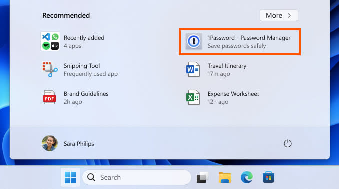 Une capture d'écran du menu Démarrer de Windows 11 montrant une publicité pour 1Password.