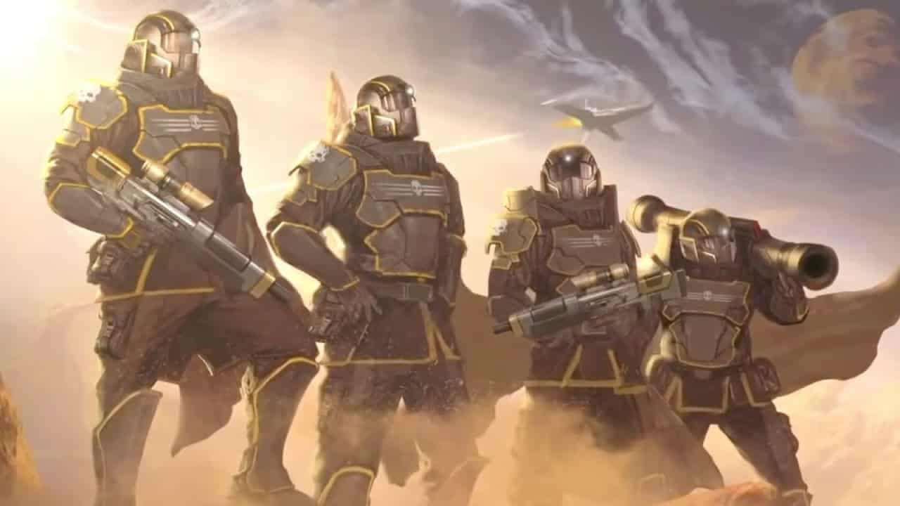 Trois soldats Helldivers 2 en combinaisons blindées et casques se tiennent sur un paysage extraterrestre avec un ciel lumineux et des lunes lointaines.