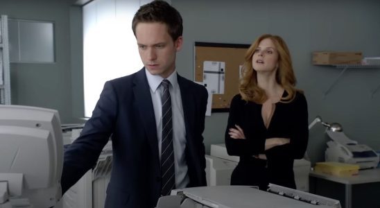 Patrick J. Adams and Sarah Rafferty in Suits