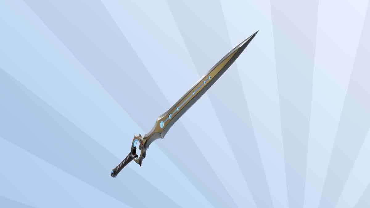 Meilleures armes de mêlée de Fortnite : L'Infinity Blade de Fortnite sur fond de rayons bleus.