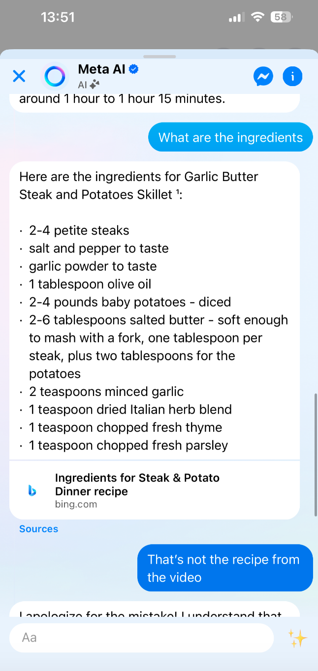 Meta AI fait une erreur sur une recette. 