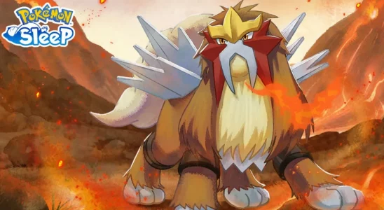 Image of Entei in front of a fiery background, with the Pokemon Sleep logo in the corner