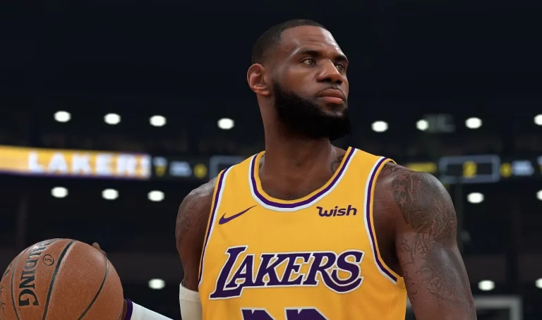 LeBron James dribbling a basketball in 2K.