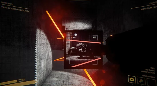 A monochrome room with the player using a camera to film laser beams in Content Warning.