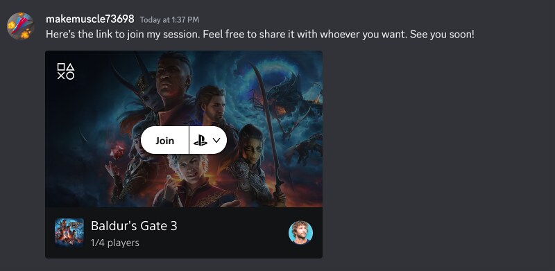 image du widget d'invitation à une session multijoueur PS5 dans Discord.