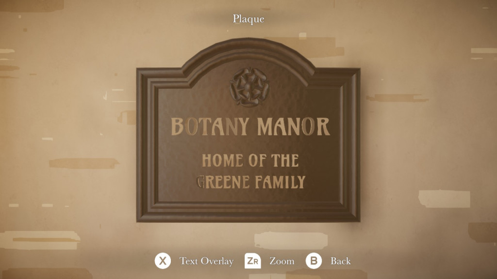 capture d'écran montrant une plaque marron sur le mur de briques.  Il est écrit dessus en lettres dorées "Botany Manor, demeure de la famille Greene"