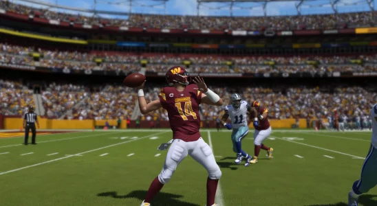 Sam Howell dropping back to pass in Madden 24.