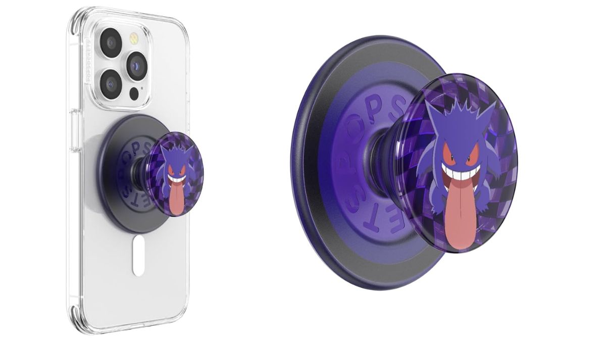 Image d'un téléphone avec un Gengar PopSocket connecté, à côté d'une image plus grande du Gengar Popsocket