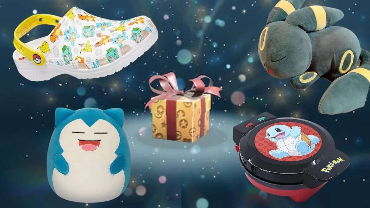 Image of the Pokemon Mystery Gift screen, with several Pokemon merch items floating around it