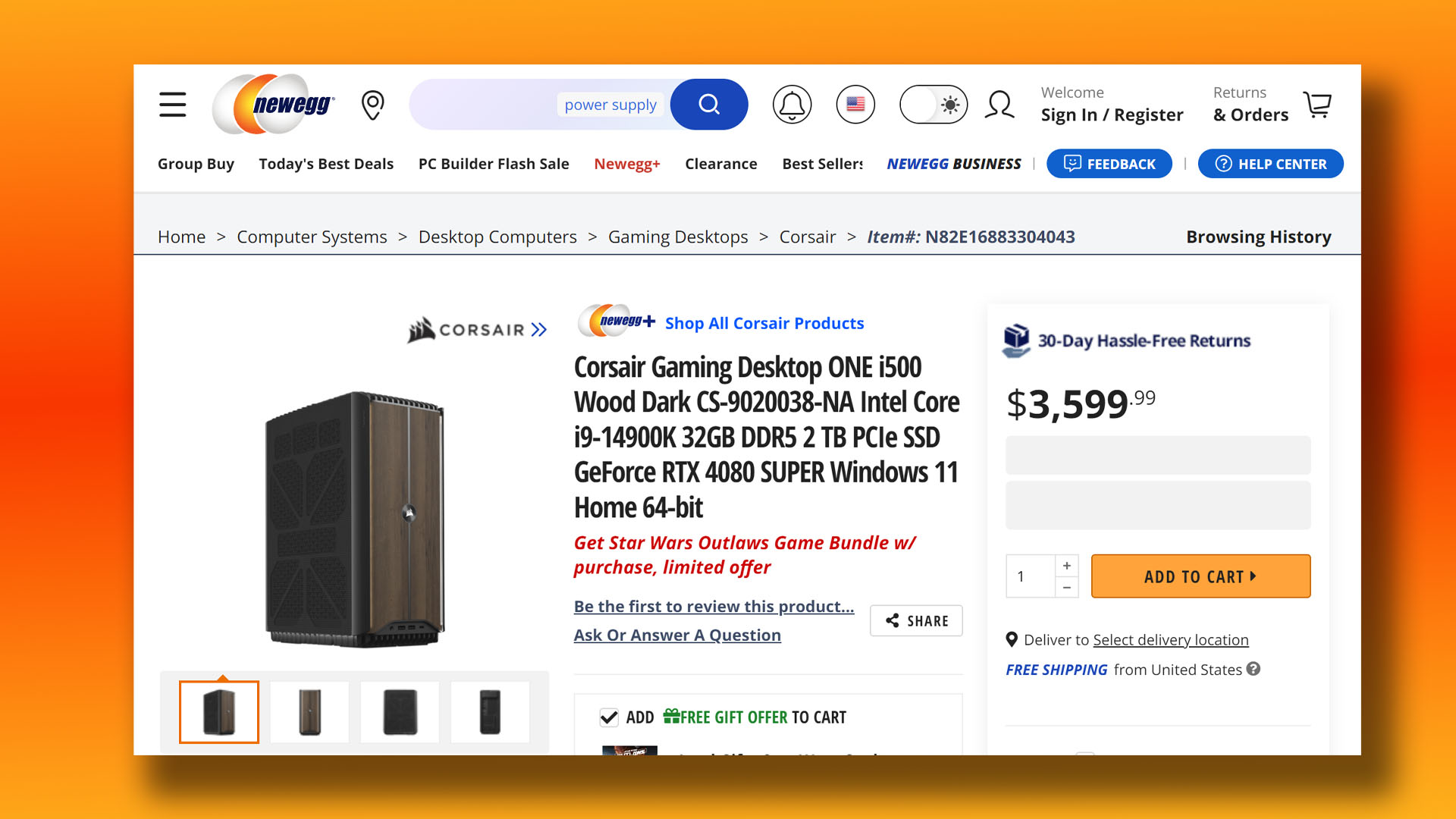 Corsair One i500 avec panneau en bois foncé : capture d'écran de la liste Newegg