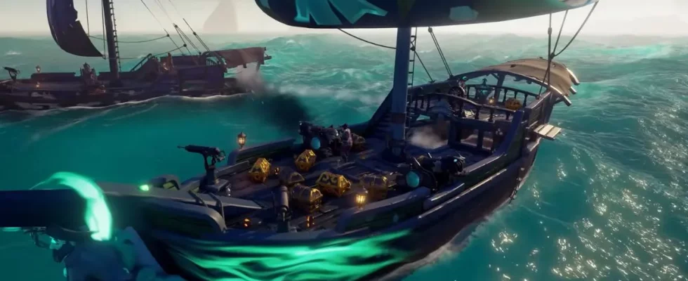 rare ship sailing in sea of thieves