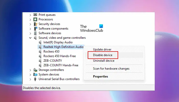 Désactiver le pilote Realtek High Definition Audio