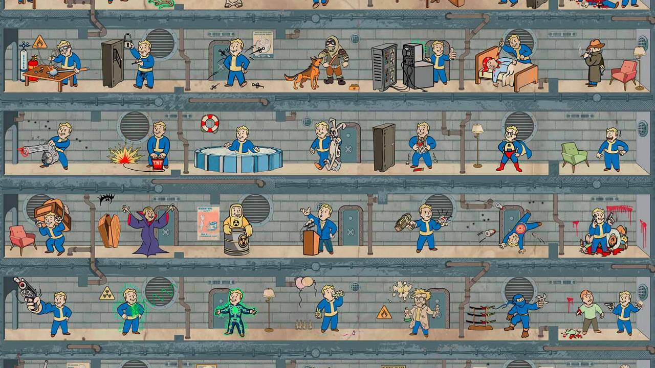 fallout 4 starting stats depicted by several cartoon vault boys