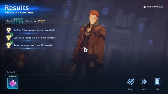 Revue de Solo Leveling Arise : capture d'écran du protagoniste et de l'écran de fin de mission.