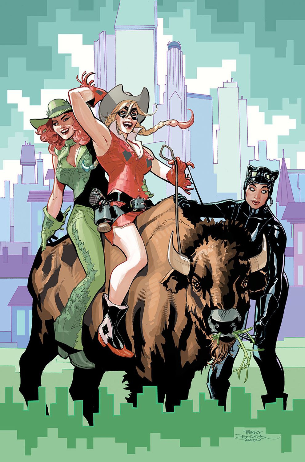 Poison Ivy, Harley Quinn et Catwoman s'amusent à chevaucher un bison sur la couverture de Gotham City Sirens #1.