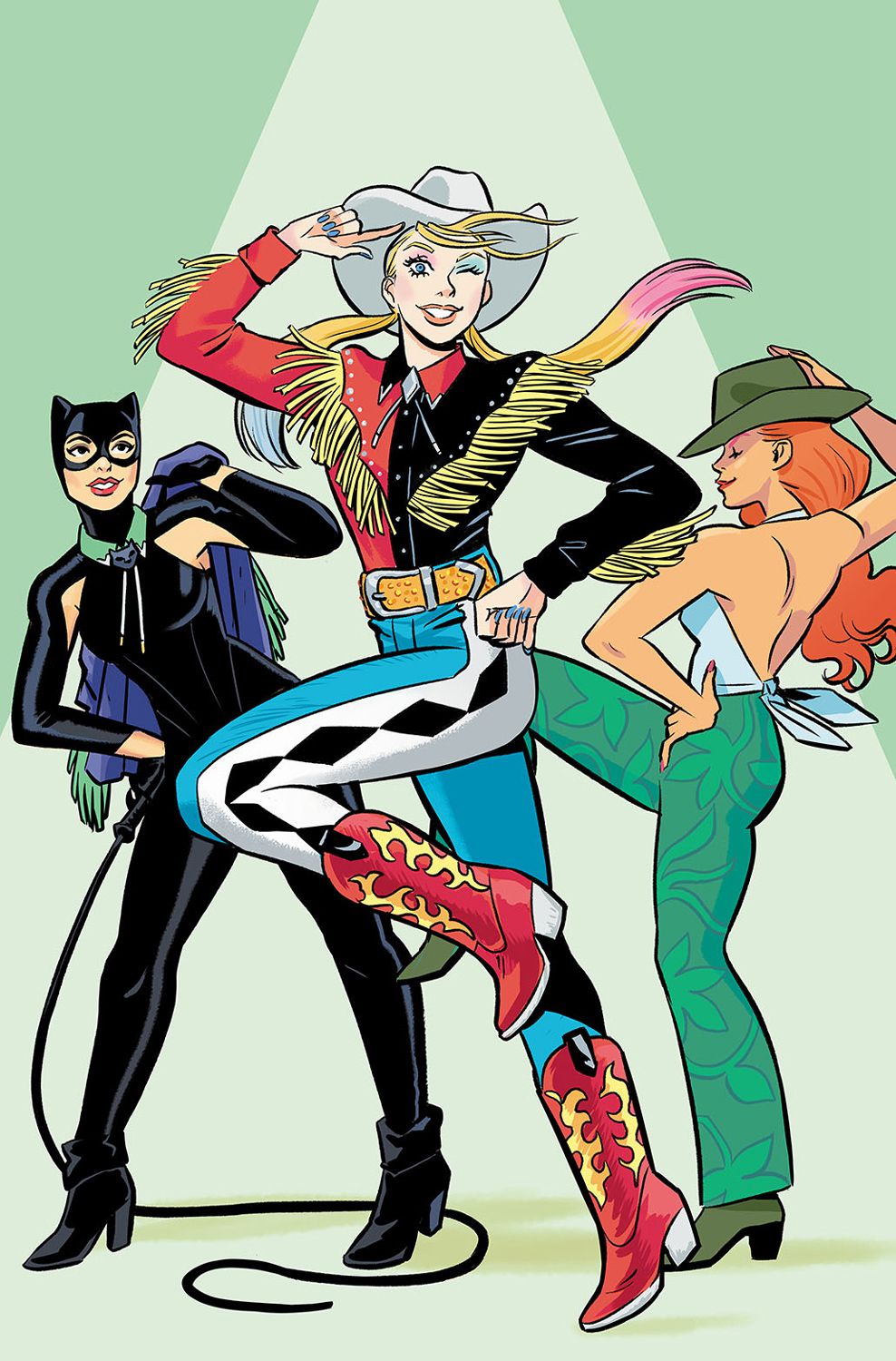 Catwoman, Harley Quinn et Poison Ivy prennent des poses idiotes dans des vestes en cuir à pampilles, des bottes de cowboy et d'autres tenues occidentales sur une variante de couverture pour Gotham City Sirens #3.