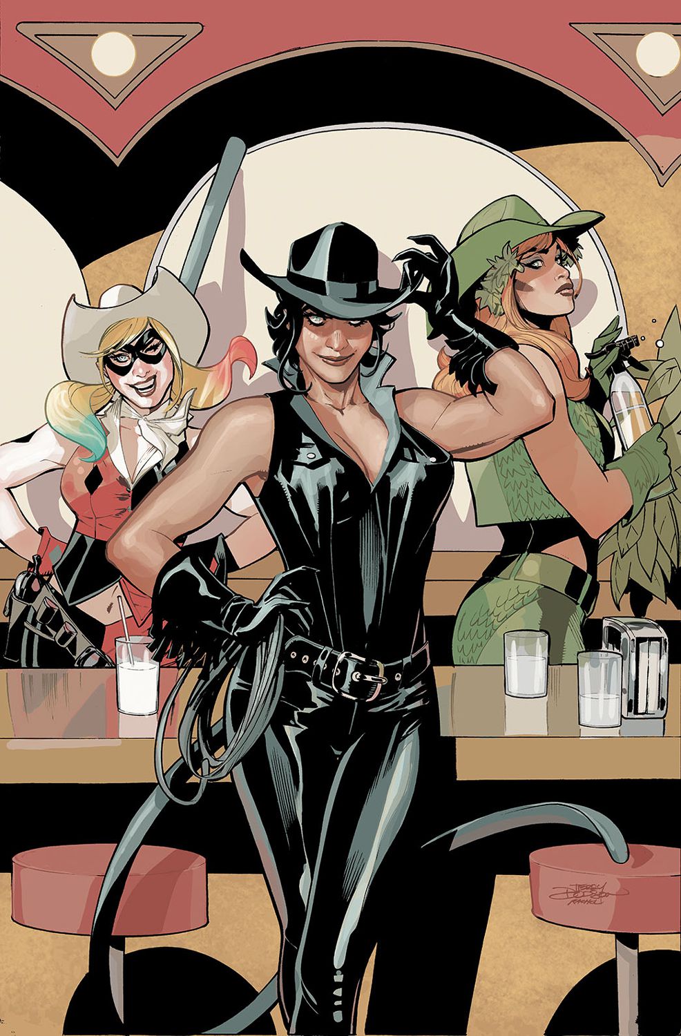 Harley Quinn, Catwoman et Poison Ivy posent avec des chapeaux de cowboy et des vêtements occidentaux dans un bar sur la couverture de Gotham City Sirens #3.
