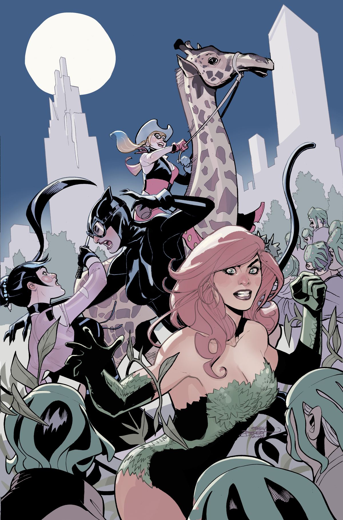 Harley Quinn, Catwoman et Poison Ivy chevauchent une girafe, combattent Punchline et affrontent une horde de personnes avec des poulpes sur la tête (respectivement) sur la couverture de Gotham City Sirens #4.