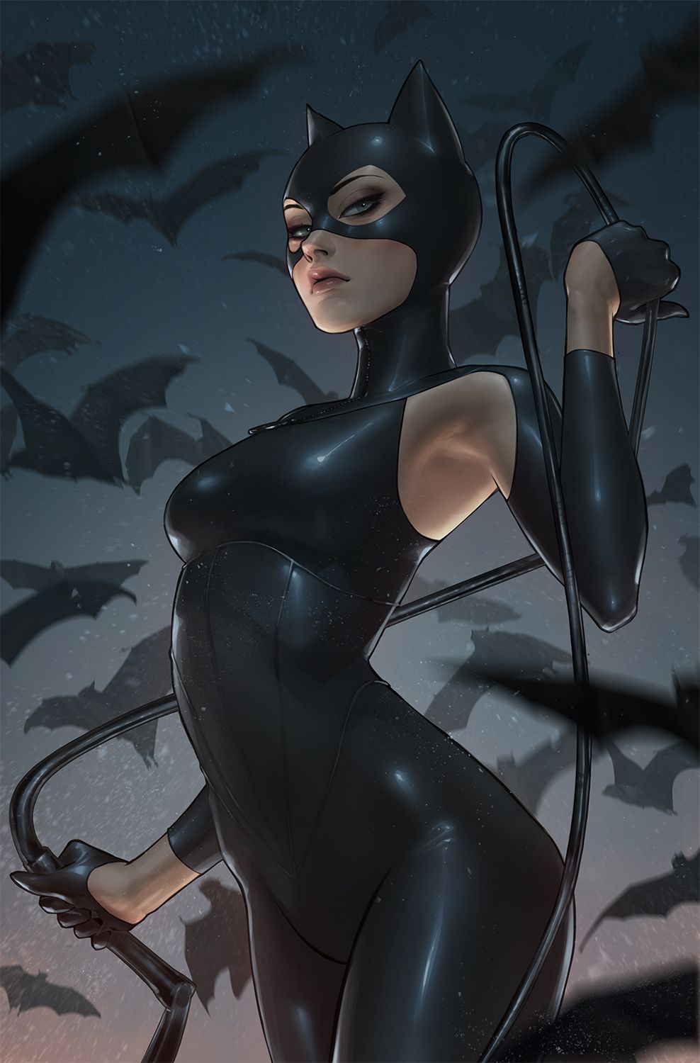 Catwoman pose avec son fouet, un essaim de chauves-souris autour d'elle sur une variante de couverture de Gotham City Sirens.
