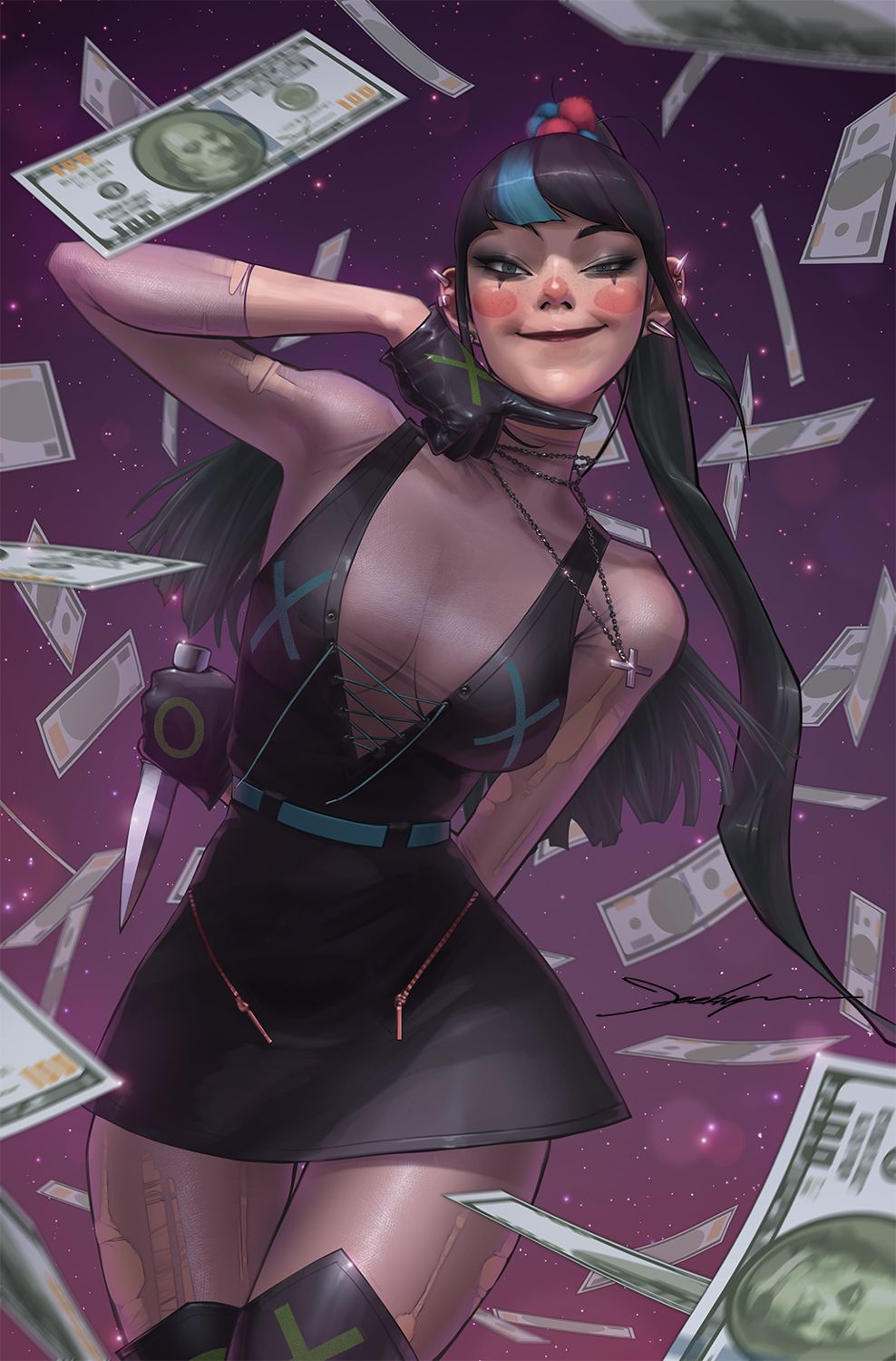 Punchline prend la pose, alors que des billets de cent dollars pleuvent autour d'elle sur une variante de couverture de Gotham City Sirens.