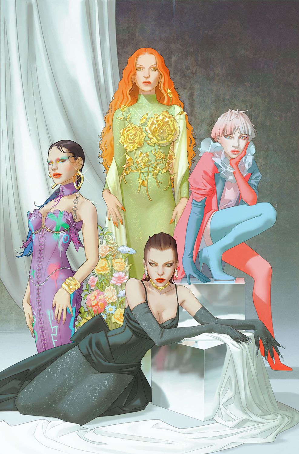 Punchline, Poison Ivy, Harley Quin et Catwoman posent dans une couture thématiquement appropriée sur une variante de couverture pour Gotham City Sirens.