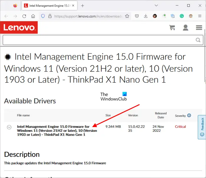 Télécharger la mise à jour du micrologiciel Intel Management Engine