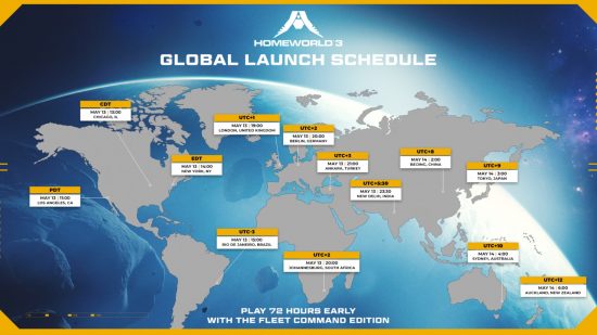 Quand sort Homeworld 3 ?  Heures de sortie PC : une capture d'écran des heures de sortie de Homeworld 3 sur une carte du globe.